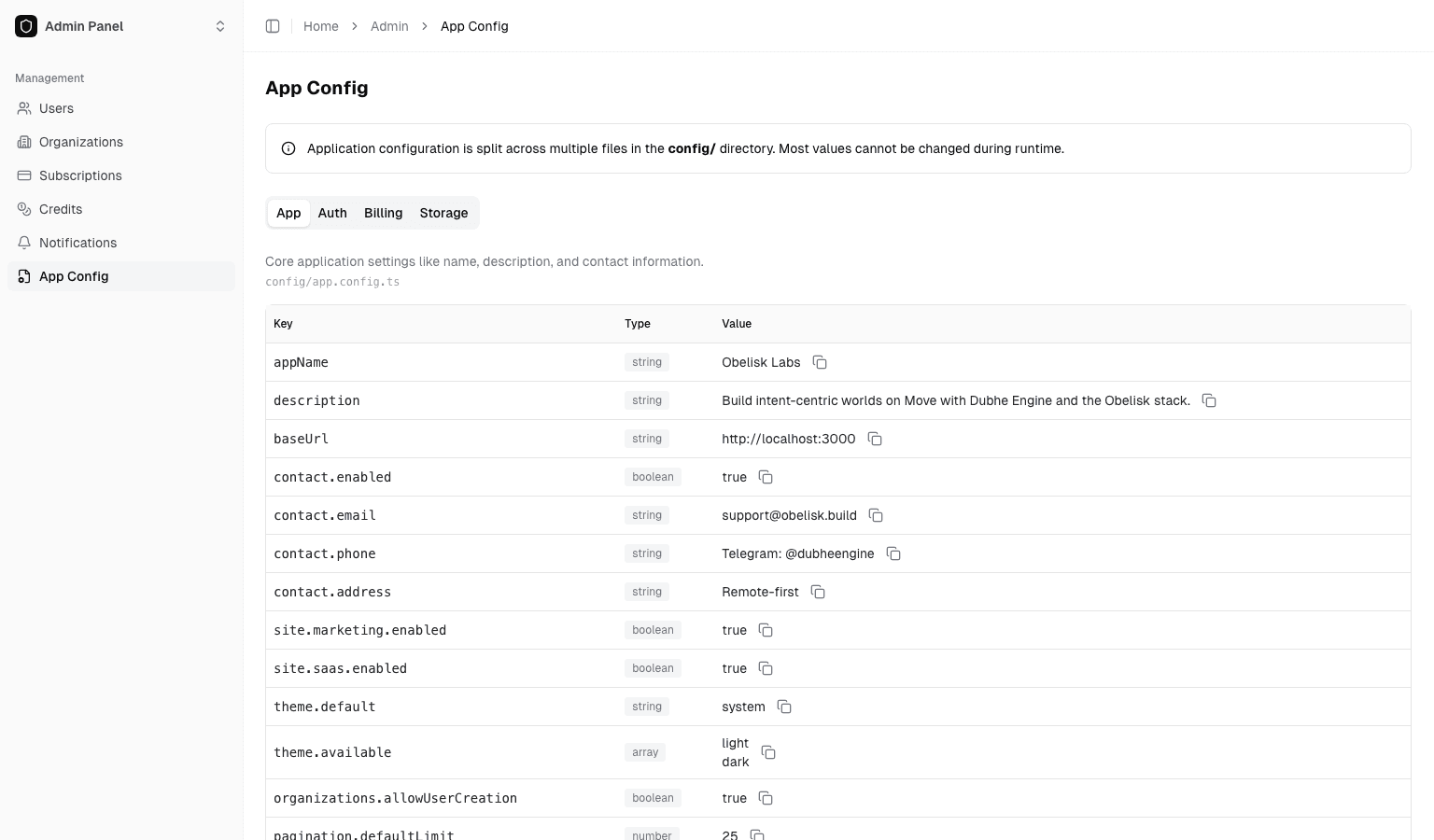Admin app config page