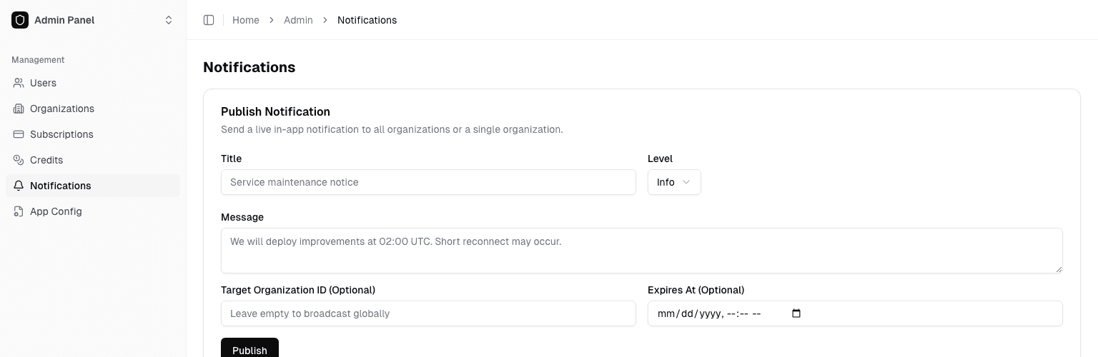 Admin notifications page