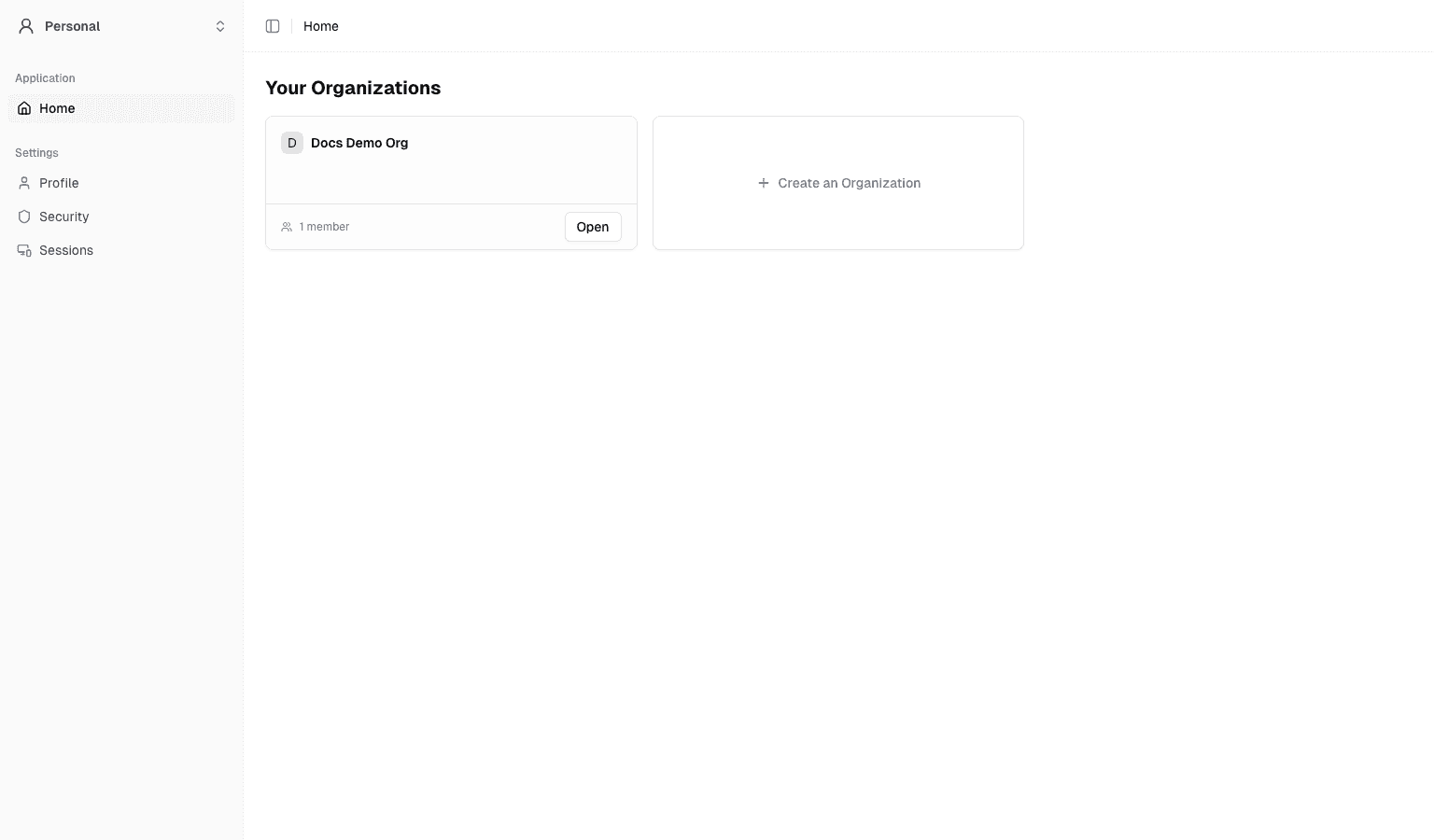 Dashboard home with organization cards