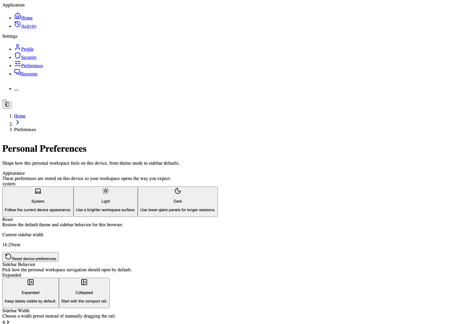 Personal preferences page