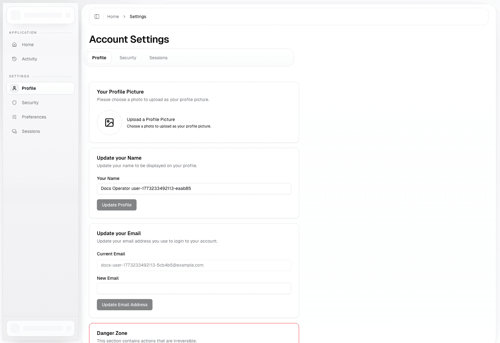 Account settings page
