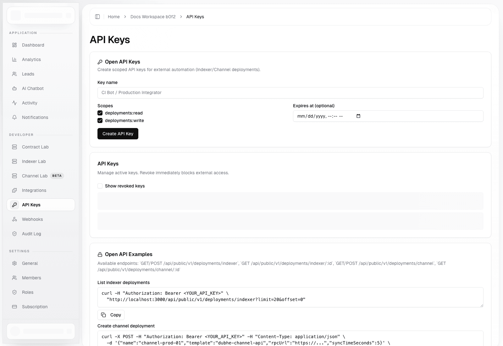 Organization API keys page