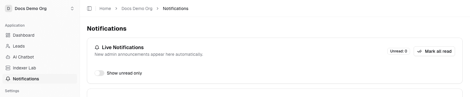Organization notifications page