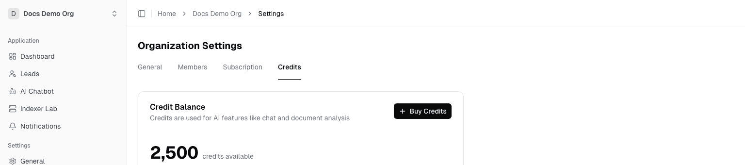 Credits settings page