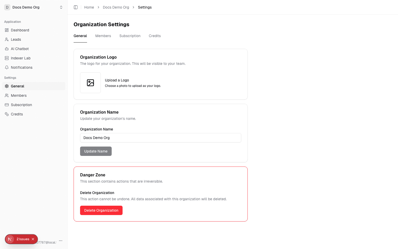 Organization settings - General