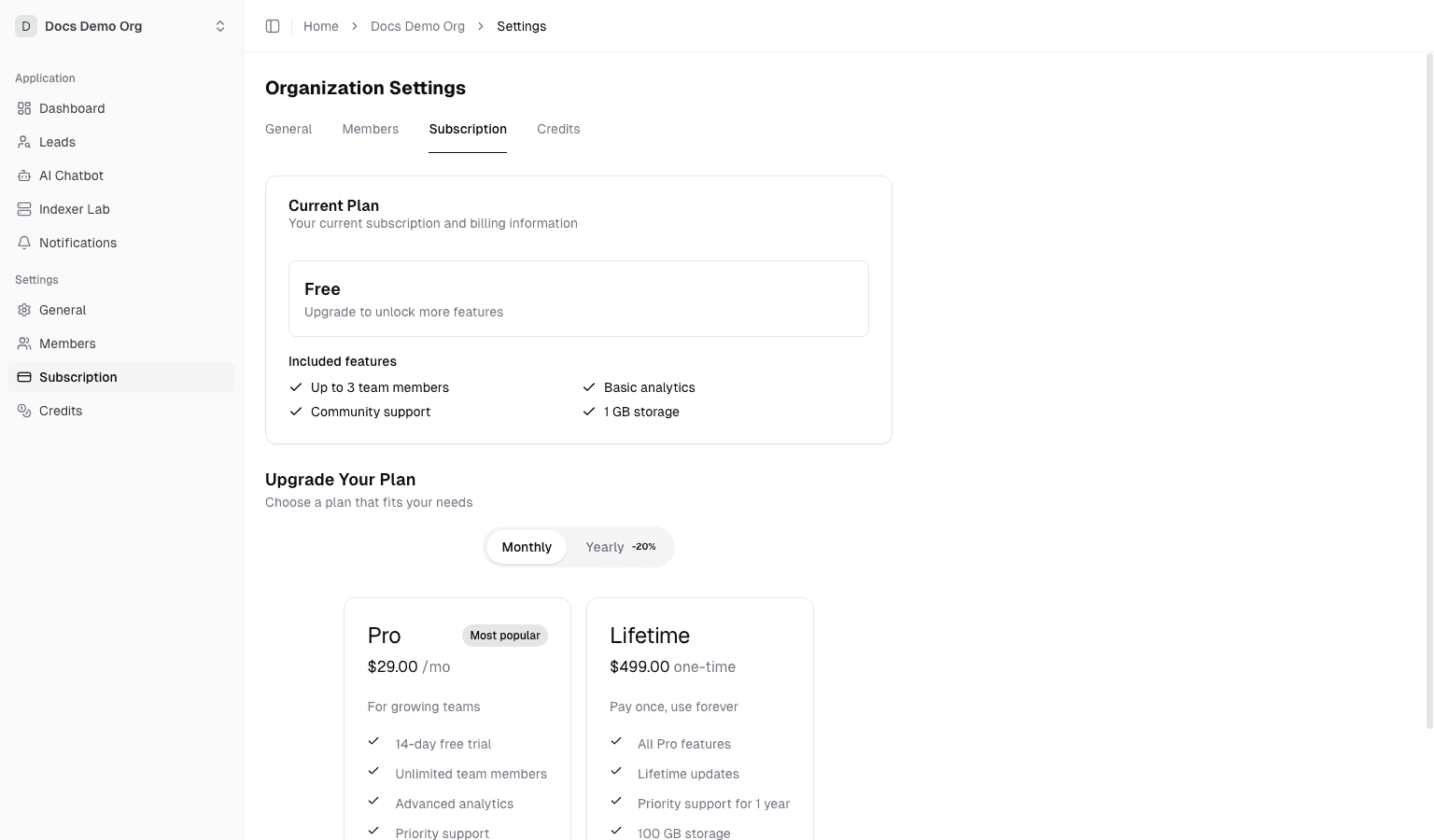 Subscription settings page