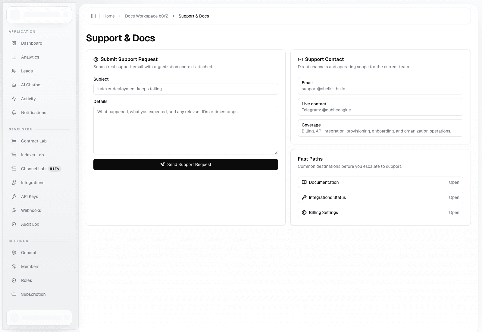 Organization support page
