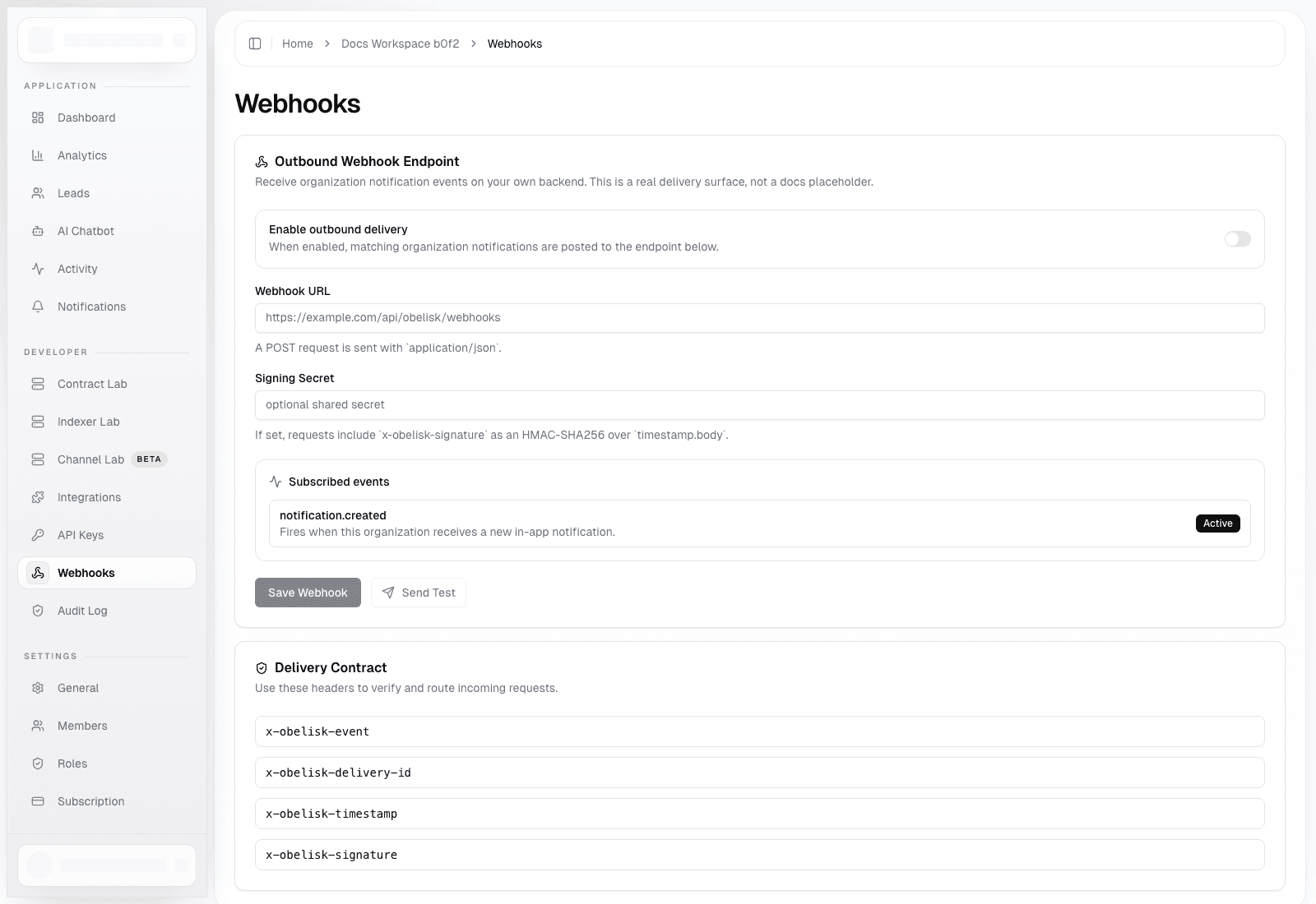Organization webhooks page