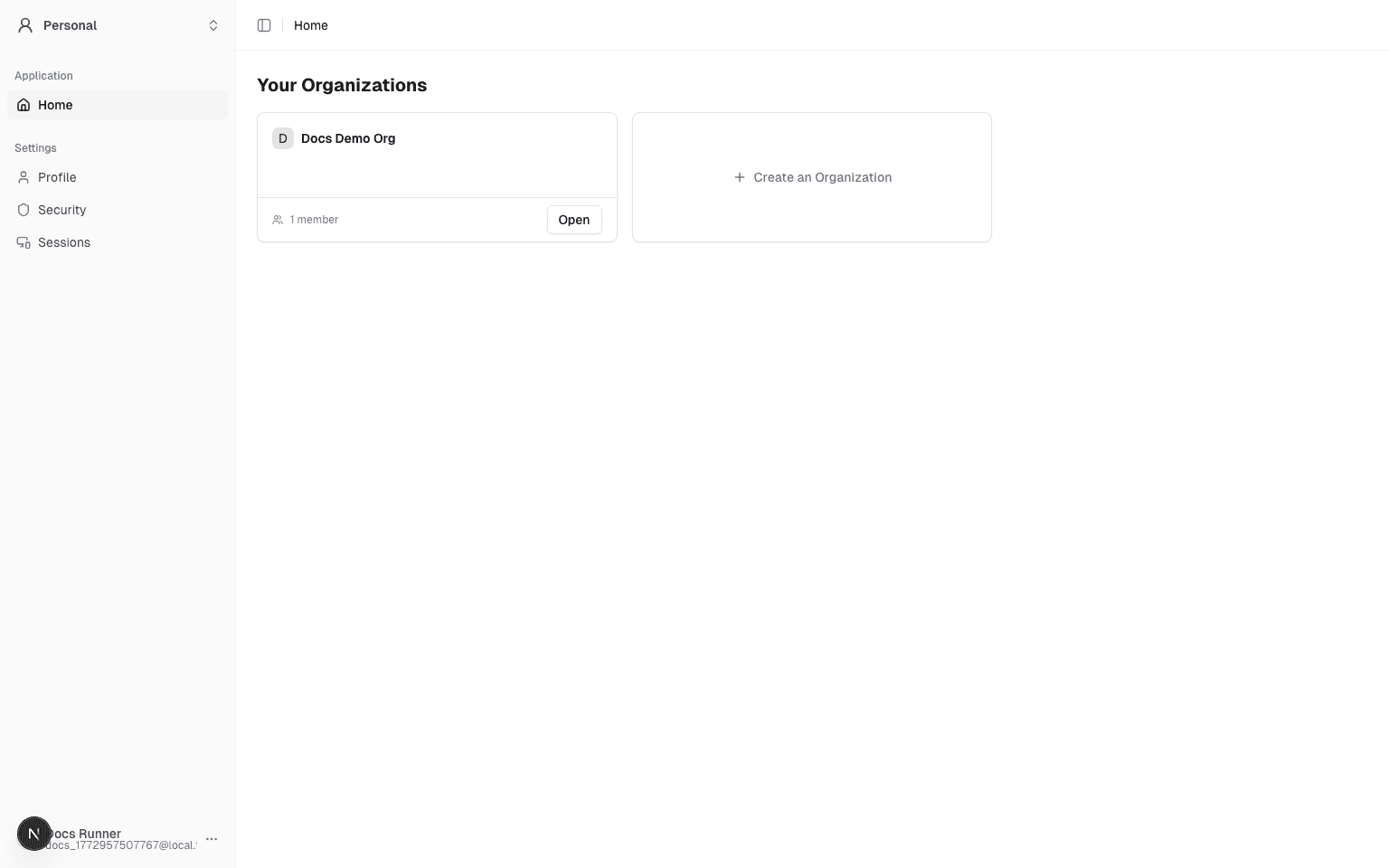 Dashboard home with organization cards
